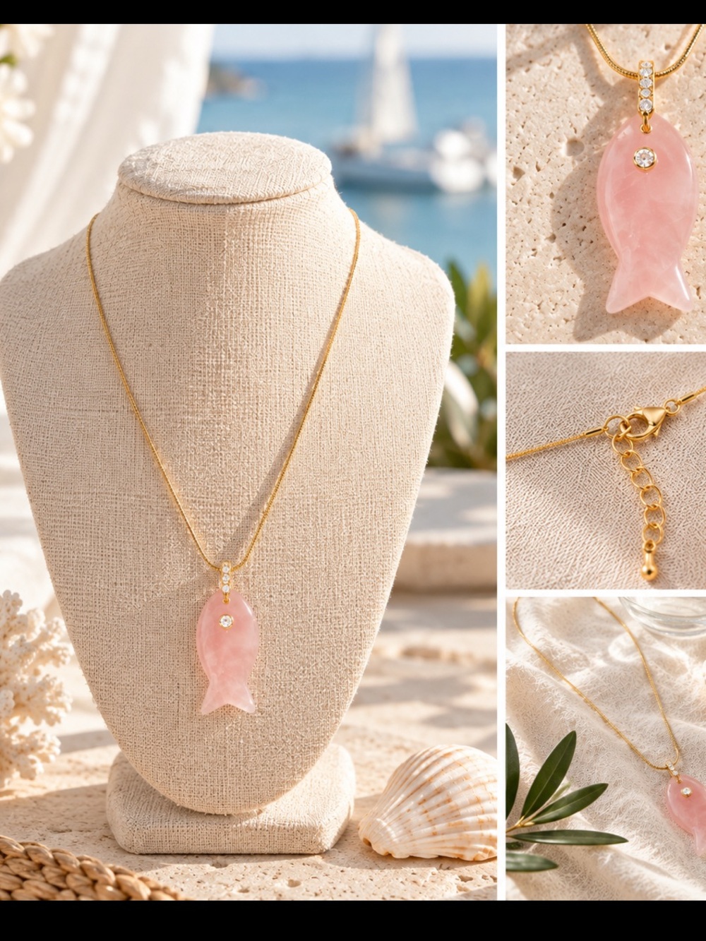 💓🐠Rose Quartz Fish Pendant Gold Necklace 🔮available in 16, 18 and 20 inch chains